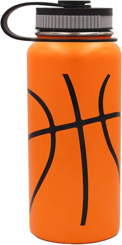 32 oz Basketball Water Bottle,Sports Flask with 2 Lids Straw Lid & Flex Cap,18/8 Stainless Steel Travel Tumbler Double Wall Vacuum Insulated Hot/Cold Gift for Mom Men (32oz, Basketball)