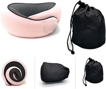 2024 Memory Foam Neck Pillow 360 Degree Neck Support Travel Pillows for Airplanes and Long Flight Travel Neck Pillow (Pink)