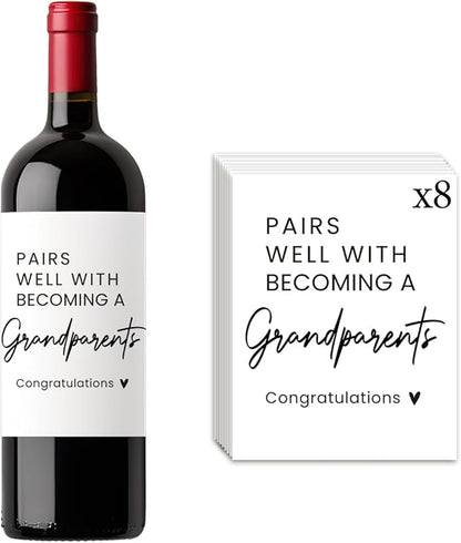 8 Pcs Grandparents Pregnancy Baby Announcement Wine Labels, Funny Pregnancy Baby Announcement Gifts for New Grandparents, Pairs Well with Becoming A Grandparents Wine Bottle Stickers Labels