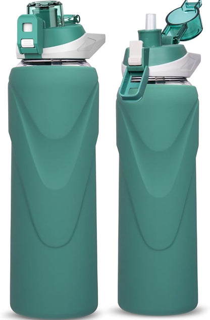 32 oz Sports Glass Water Bottle with Straw & Silicone Sleeve Reusable BPA-free Borosilicate Glass Drinking Bottle with Flip Top Lid & Handle Wide Mouth (Deep Green)