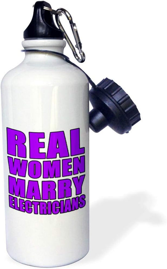 3dRose "Real Women Marry Electricians Purple" Sports Water Bottle, 21 oz, White