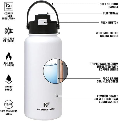 Hydraflow Hybrid - Triple Wall Vacuum Insulated Water Bottle with Flip Straw (25oz, Cocoa) Stainless Steel Metal Thermos, Reusable Leak Proof BPA-FREE for Sports and Travel