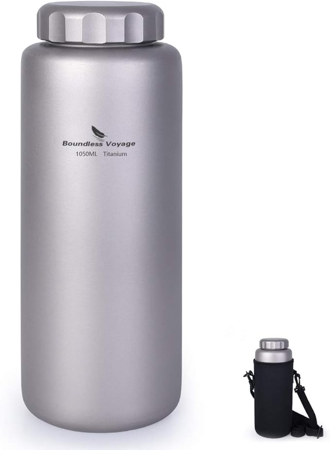 iBasingo 1050ml Titanium Bottle 600ml Nesting Cup Outdoor Camping Single Layer Wide Mouth Cookware Lightweight Portable Bottle Mug Hiking Picnic Solo Cooking Mess Kit