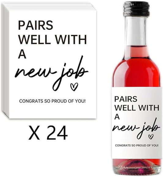 24Pcs New Job Mini Wine Labels, New Job Gifts for Women Men, Promotion Goodbye Farewell Leaving Job Gifts for Coworkers Women, Pairs Well with A New Job Mini Wine Bottle Stickers Labels.