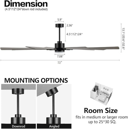 72" Ceiling Fan with Lights and Remote Control, Wood 8 Blades 6-Speed Noiseless Reversible DC Motor, 3 Downrods, Modern Ceiling fan for Office Porch Bedroom Dining Living Room, Black+Wood