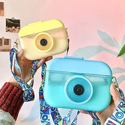 Blue Camera Bottle Travel Cup with Straw Birthday Party Gift Ice Drinking Water Bottle Mug with Strap Picnic (camera blue, 400 ml)