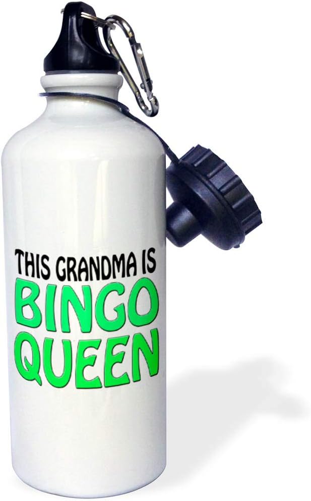 3dRose "This grandma is bingo queen, Lime green, " Sports Water Bottle, 21 oz, White