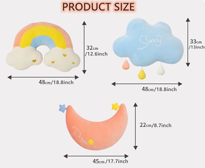 Moon Rainbow Cloud Pillow Cushion, Soft Plush Cloud Shaped Pillow Stuffed Rainbow and Moon Nursery Decor,Bedside Sofa Sleeping Pillow, Kids Cute Candy Color Cushion (Cloud)