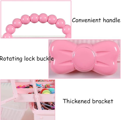 Hair Accessories Organizer for Girls Headbands, Clips, Ties Baby Girl Supplies, Lockable Three-layer Folding Craft Organizers and Storage Plastic Jewelry Box,10.8 * 5.9 * 5.7in (Pink)