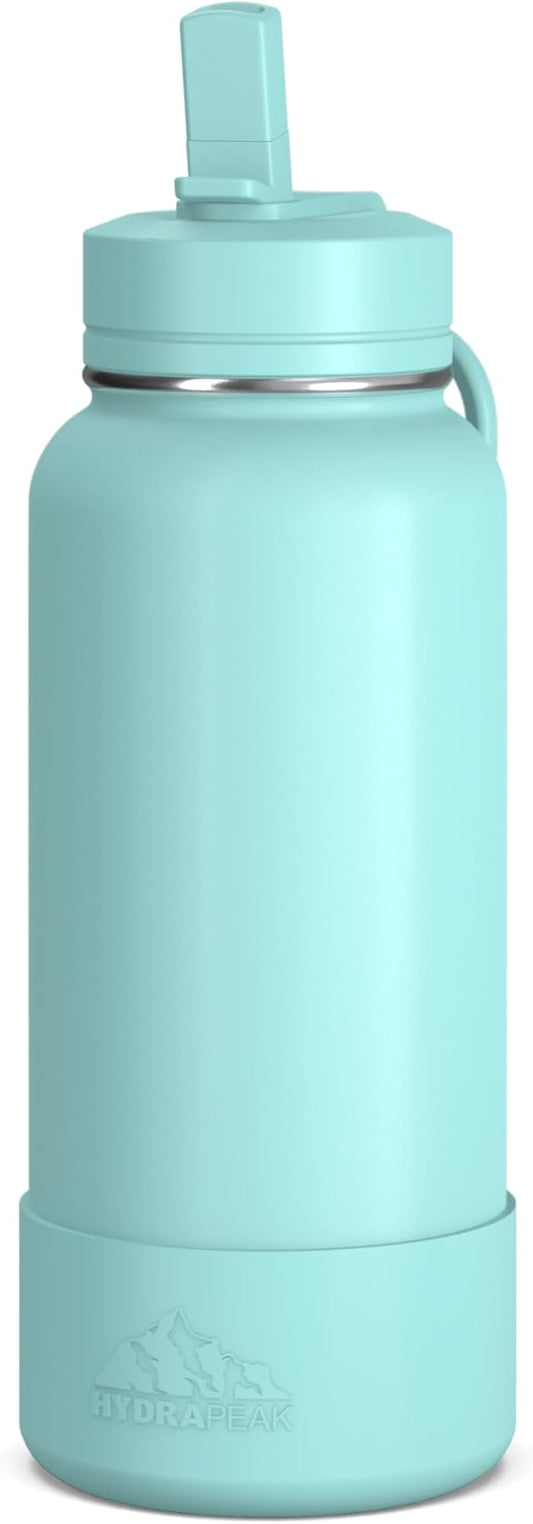 Hydrapeak 32oz Sport Insulated Water Bottle with Straw or Chug Lid, Leak & Spill Proof, Keeps Drinks Cold for 24 Hours, Hot for 12 Hours, Premium Stainless Steel Water Bottles (32oz, Aqua)