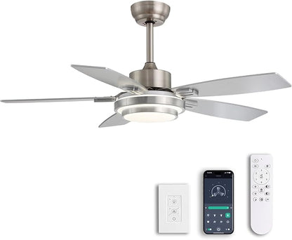 42 Inch Ceiling Fans with Lights and Remote/APP Control, Modern Nickel Ceiling Fan with Quiet Reversible DC Motor, 3 CCT Dimmable LED for Bedroom, Living Room, Patio, Indoor and Outdoor