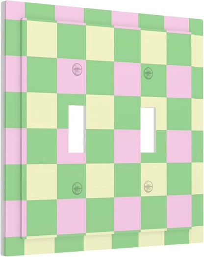 Checkered Gingham Double Toggle Light Switch Covers 2 Gang Wall Plate Dual Decorative Switchplate Electrical Faceplate for Bathroom Country Kitchen Bedroom Decor, 4.9" x 5"