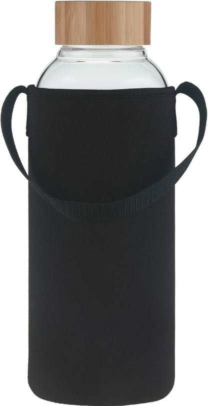 48 oz Sports Borosilicate Glass Water Bottle with Bamboo Lid with Neoprene Sleeve