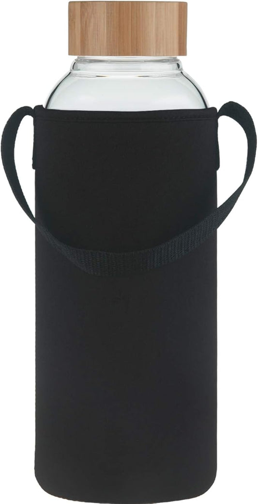 48 oz Sports Borosilicate Glass Water Bottle with Bamboo Lid with Neoprene Sleeve
