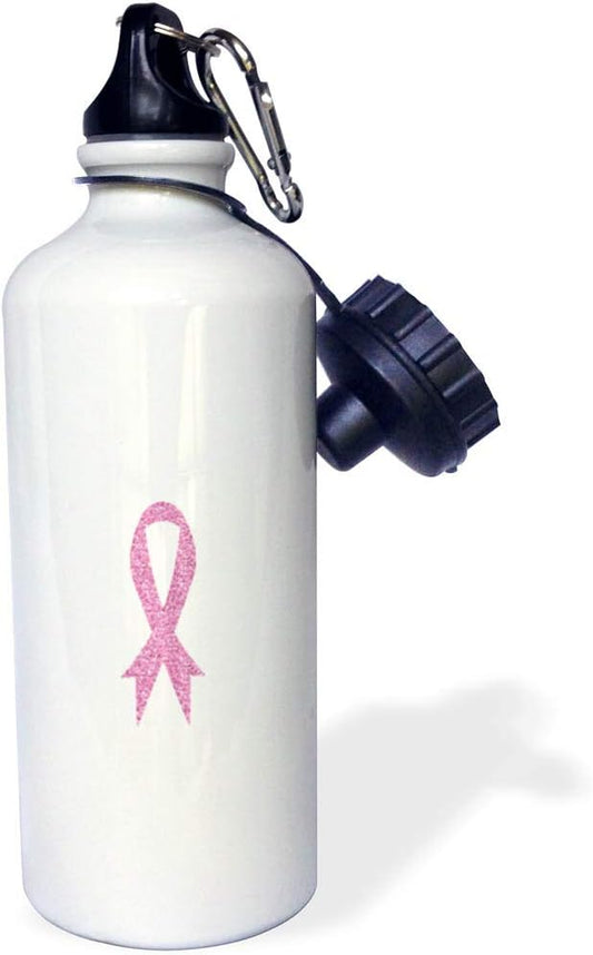 3dRose "Glitter Pink Ribbon Breast Cancer Awareness" Sports Water Bottle, 21 oz, White
