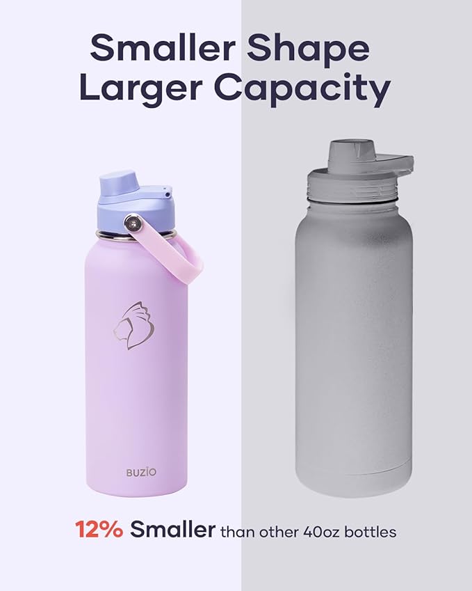 40 oz Insulated Water Bottle with Straw Lid, BUZIO Stainless Steel Water Flask Keep Cold 48h with Carrying Pouch, Lead-Free Double Wall Vacuum Thermo Tumbler Leak Proof Sport Metal Canteen, Purple