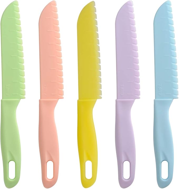 ONUPGO Knives for Kids 10 Pieces Plastic Kitchen Baking Knife Set, Montessori Kitchen Tools for Toddlers-Kids Cooking Sets, Real Kids Safe Cooking Knives in 10 Colors