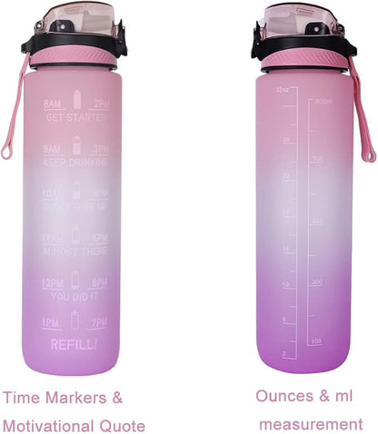 32oz Sport Water Bottle with Time Maker &Straw &Carry Strap & Security Lock Tritan BPA-Free Leak Proof Flip Top Lid Gym School Outdoor Sports Pink-Purple