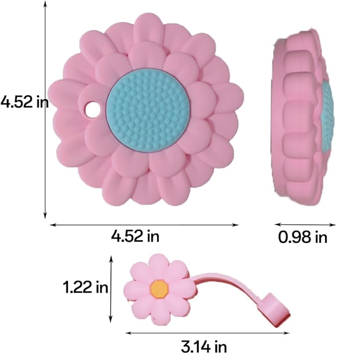 Lid Protective For 40 Oz Stanley Cup&Straw Cap,Stanley Cup Silicone Dust Cover,Stanley Cup Cute Accessories,Strawberry/Avocado/Pink Flower Design (Pink Flower)
