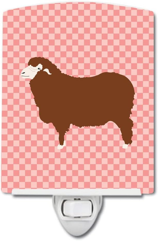 Caroline's Treasures BB7981CNL Merino Sheep Pink Check Ceramic Night Light Compact, UL-Certified, Ideal for Bedroom, Bathroom, Nursery, Hallway, Kitchen, 6x4x3, Multicolor