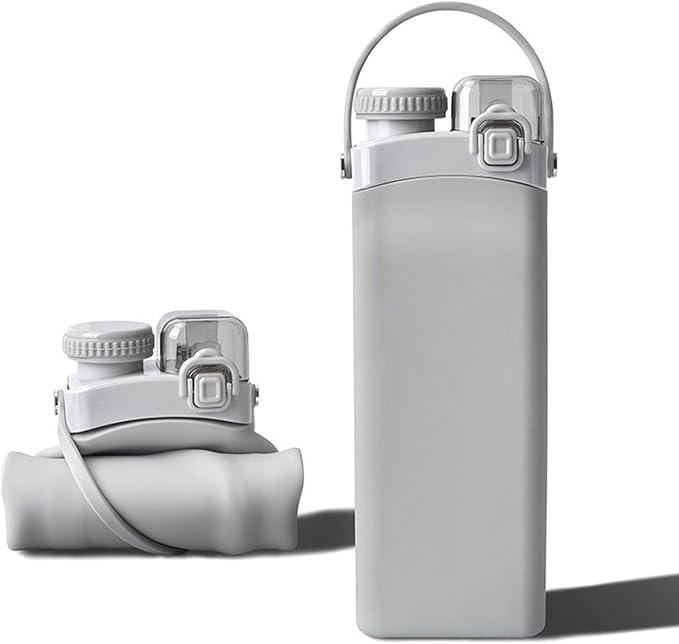 THAIOXYH® Collapsible Water Bottle 20 oz（600ml） Silicone BPA Free Reuseable Lightweight Foldable Water Bottles for Traveling Running Hiking Camping Sports (Grey)