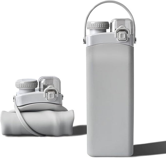 THAIOXYH® Collapsible Water Bottle 20 oz（600ml） Silicone BPA Free Reuseable Lightweight Foldable Water Bottles for Traveling Running Hiking Camping Sports (Grey)