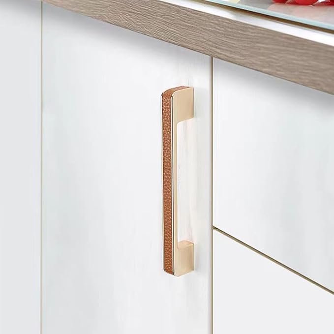 Leather Handle Brass Leather Handle Nordic Minimalist Style Handle Wardrobe Dressing Table Bedroom Living Room Kitchen Handle Hardware Furniture - 2 Pack (Brown, 128mm(5in))