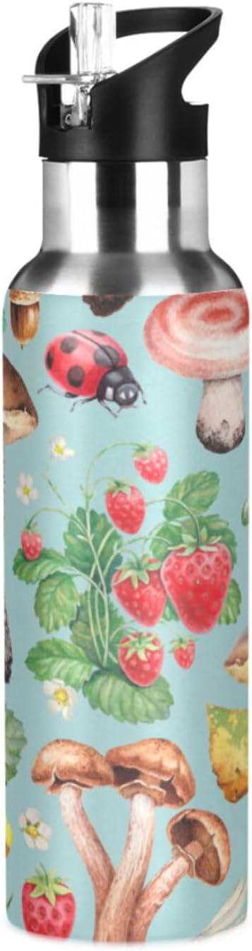 Alaza Summer Ladybug Strawberry Mushroom Water Bottle With Straw Lids Boys Girls,Vacuum Insulated Leakproof Stainless-Steel Sports Bottle Thermal Flask For Gym Yoga Camping,20Oz (600Ml)