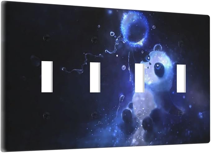 Cute Baby Panda Light Switch Cover Wall Plate Decorative 4 Gang Quad Toggle Covers Blue for Bathrooms Farmhouses Living Room Kitchens 4.5 x 8 in