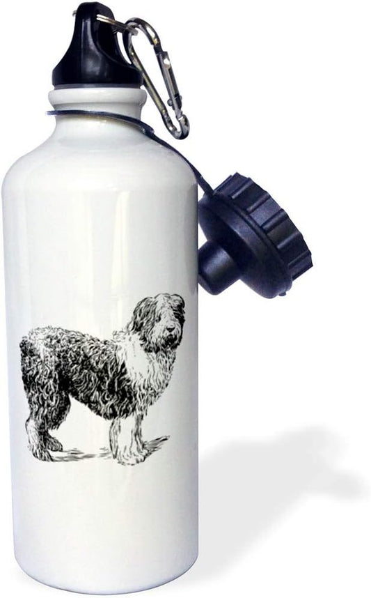 3dRose "Vintage Sketch Of A Sheep Dog" Sports Water Bottle, 21 oz, White