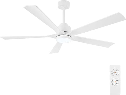 60" Modern Ceiling Fan with Lights and Remote Control, 5 Solid Wood Blades 6-Speed Noiseless Reversible DC Motor, Ceiling Fan for Bedroom Dinning Living Room, White