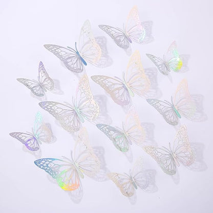 3D Butterfly Wall Decor 48 Pcs 4 Styles 4 Colors 3 Sizes,Gold Silver Laser Rose Butterfly Decorations for Butterfly Birthday Decorations Butterfly Party Decorations Cake Decorations,Removable Sticker