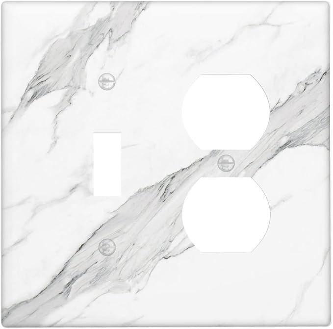 Marble Grey Wall Plate Decorative Light Switch Cover 2-Gang Combo Toggle/Duplex Outlet Faceplate for Bedroom Kitchen Farmhouse White