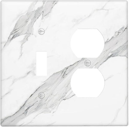 Marble Grey Wall Plate Decorative Light Switch Cover 2-Gang Combo Toggle/Duplex Outlet Faceplate for Bedroom Kitchen Farmhouse White