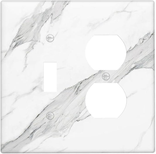 Marble Grey Wall Plate Decorative Light Switch Cover 2-Gang Combo Toggle/Duplex Outlet Faceplate for Bedroom Kitchen Farmhouse White