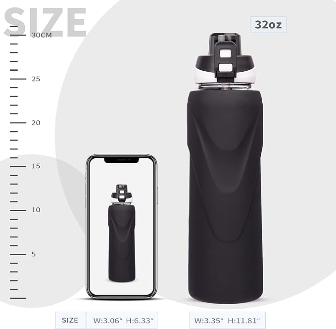 32 oz Sports Glass Water Bottle with Straw & Silicone Sleeve Reusable BPA-free Borosilicate Glass Drinking Bottle with Flip Top Lid & Handle Wide Mouth (Deep Black)