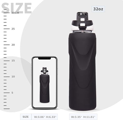 32 oz Sports Glass Water Bottle with Straw & Silicone Sleeve Reusable BPA-free Borosilicate Glass Drinking Bottle with Flip Top Lid & Handle Wide Mouth (Deep Black)