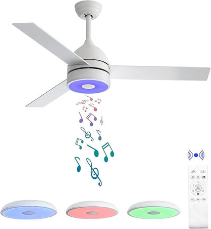 52 Inch Ceiling Fan With RGB Dimming LED Light,With Music Bluetooth Speaker,Remote Control,3-Speed Regulation, Reversible Motor,Timing,For Living room,Bedroom,Restaurant,Outdoor