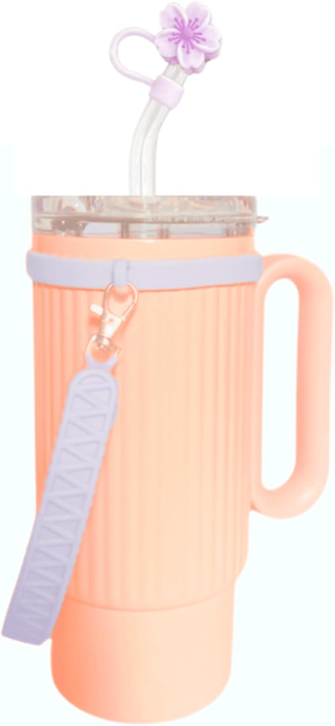 Stanley Accessories Water Bottle with Strap Bottle Sling Carrier with Handle Attachment Fits Most 8-40oz Tumbler & Stanley + 4Cute Straw Covers 3D Straw Toppers Gift Set-Blossom