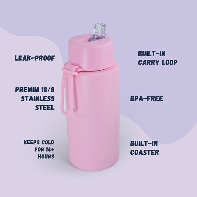 AGH 30oz Water Bottle - Double Wall Vacuum Insulated Stainless Steel Tumbler with Straw - Pink