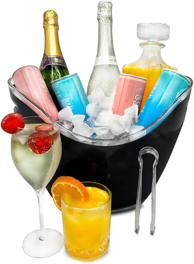 Acrylic Ice Bucket with tongs, Ice Bucket for Parties, Party Supply, Ice Bucket for Cocktail Bar, Champagne Bucket, Tub for Beer, Sparkling Wine, Cocktails, or Ice Cream., Large, Black