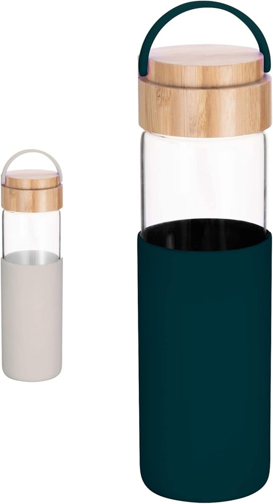 20 oz Borosilicate Glass Water Bottle with Leak-Proof Bamboo Lid and Silicone Handle and Protective Sleeve (TEAL) - BPA Free - Easy to Carry - Dishwasher Safe