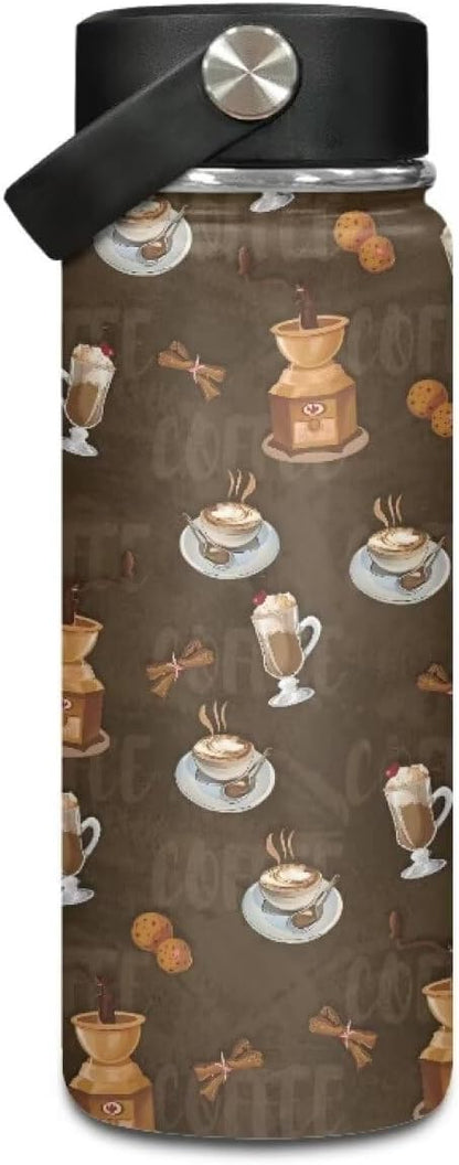 Coffee Print Insulated Water Bottle 18 Oz Stainless Steel Leak Proof Vacuum Easy to Clean Lightweight Keeps Cold and Hot Great for Travel Hiking Biking Running