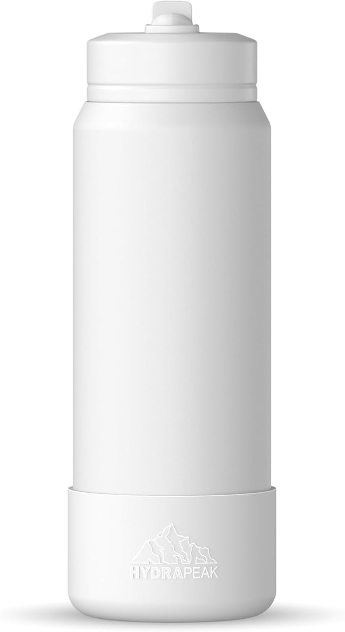Hydrapeak 26oz Sport Insulated Water Bottle with Straw or Chug Lid, Leak & Spill Proof, Keeps Drinks Cold for 24 Hours, Hot for 12 Hours, Premium Stainless Steel Water Bottles (26oz, White)