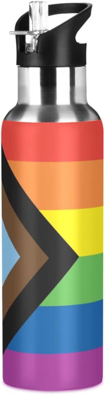 20oz Gay LGBT Progress Pride flag Sports Water Bottle,Double Wall Vacuum Insulated Stainless Steel Lesbian Water Bottle with Straw Keeps Hot＆ Cold, Bike Gym Travel Pride Day Month Gifts