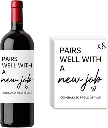 8 Pcs New Job Wine Labels, New Job Gifts for Women Men, Promotion Goodbye Farewell Leaving Job Gifts for Coworkers Women, Pairs Well with A New Job Wine Bottle Stickers Labels