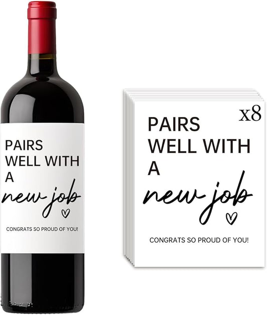8 Pcs New Job Wine Labels, New Job Gifts for Women Men, Promotion Goodbye Farewell Leaving Job Gifts for Coworkers Women, Pairs Well with A New Job Wine Bottle Stickers Labels
