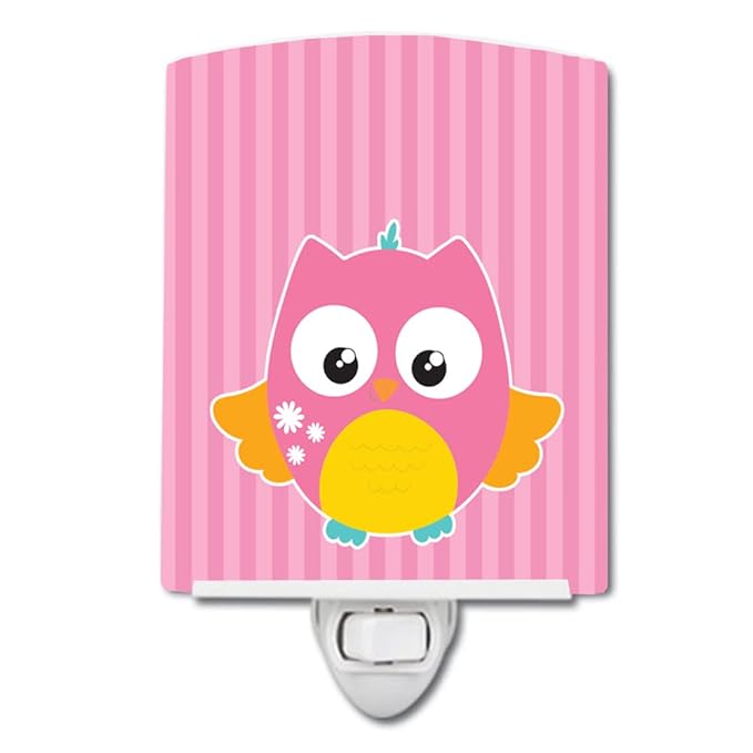 Caroline's Treasures BB9114CNL Owl and Pink Stripes Ceramic Night Light Compact, UL-Certified, Ideal for Bedroom, Bathroom, Nursery, Hallway, Kitchen, 6x4x3, Multicolor