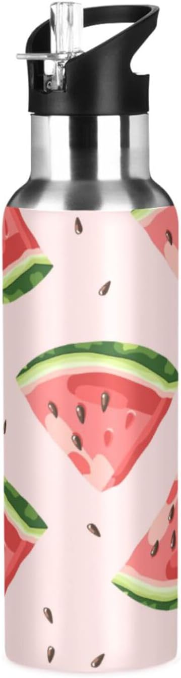 ALAZA Red Watermelons Water Bottle With Straw Lids Boys Girls,Vacuum Insulated Leakproof Stainless-Steel Sports Bottle Thermal Flask For Gym Yoga Camping,20Oz (600Ml)