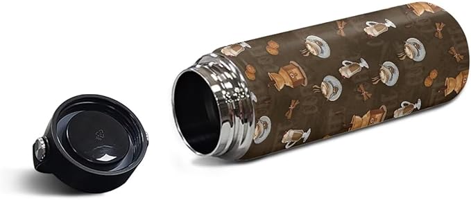 Coffee Print Insulated Water Bottle 18 Oz Stainless Steel Leak Proof Vacuum Easy to Clean Lightweight Keeps Cold and Hot Great for Travel Hiking Biking Running